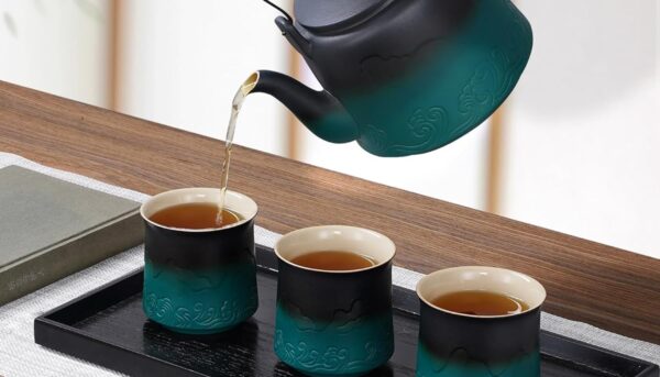 Alternative view of ZENS Vintage Japanese Tea Set, Gradient Embossed Ceramic Japanese Teapot with 4 Teacups, Hemp Rope Handle 33.8 oz Loose Leaf Teapot with Built-in Strainer for Tea Steeper Gifts, Black & Green
