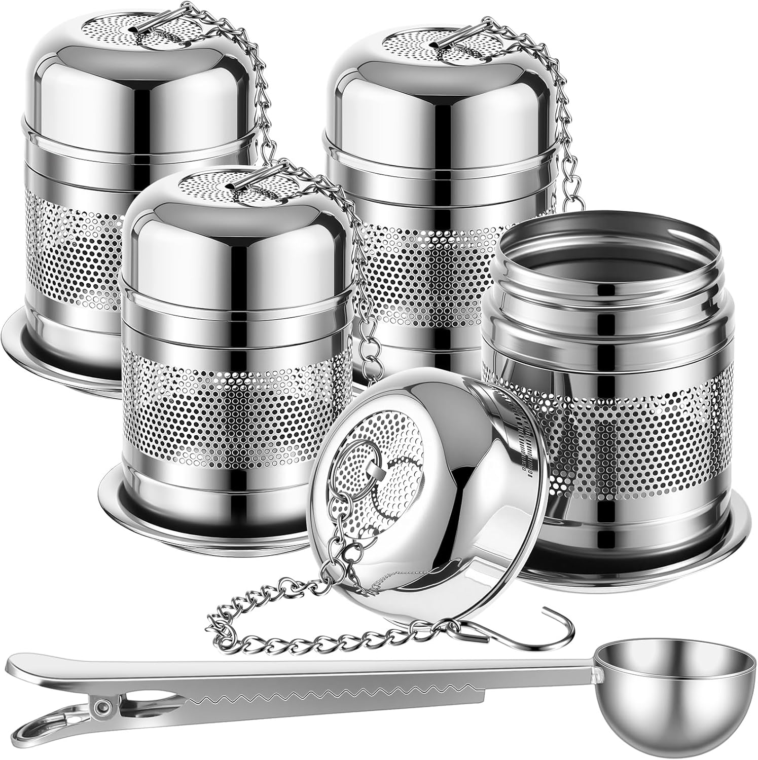 Umigy 4 Pcs Tea Infuser Strainers for Loose Tea with Scoop, Extra Fine Mesh Steeper 304 Stainless Steel Diffuser Leaf Holder with Extended Chain Hook for Brew, Spices, Seasoning (Stylish Style)