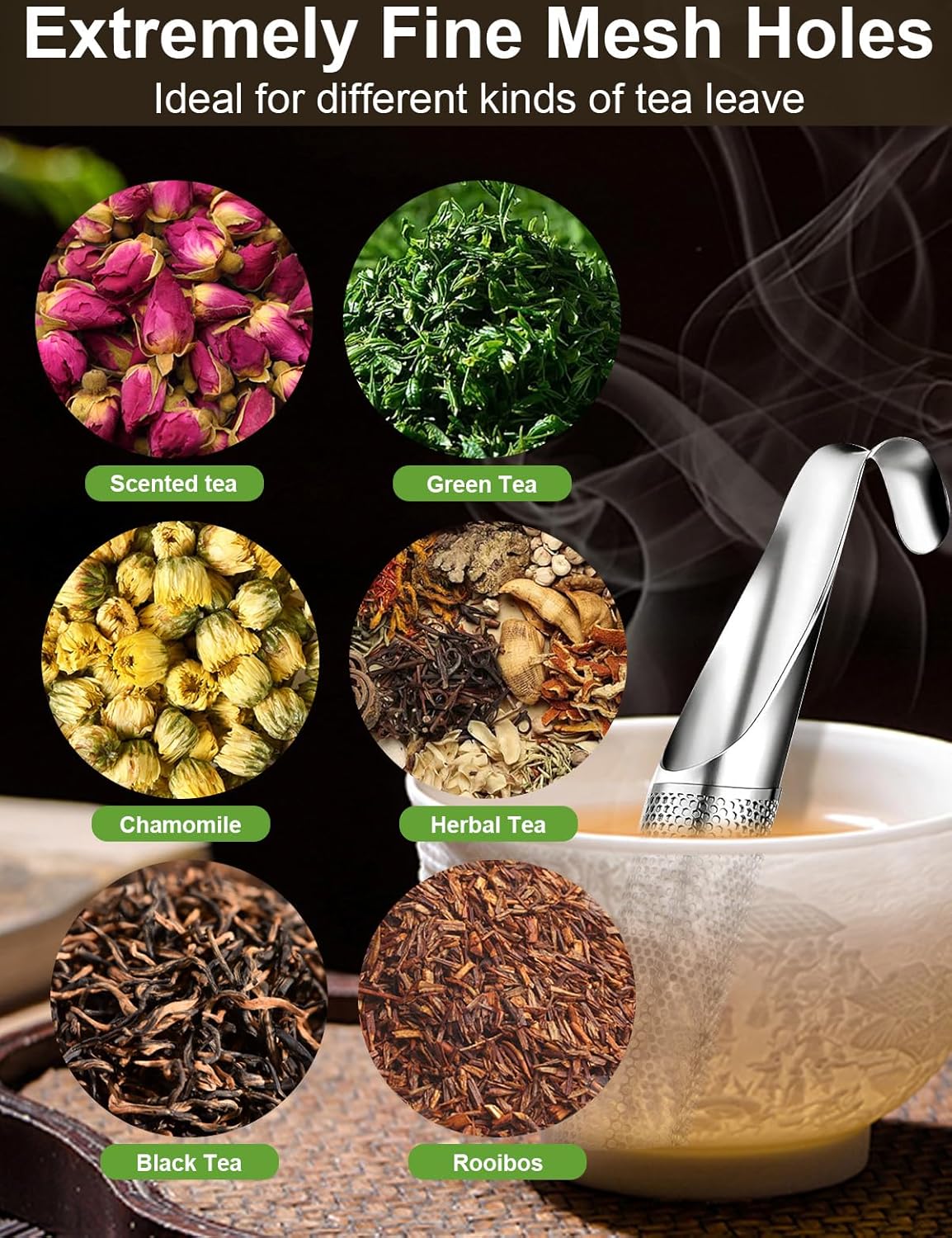 7 Pcs Reusable Stainless Steel Tea Infuser Set for Loose Tea(Complete Set) - 2 Pack Fine Mesh Tea Infuser with Tea Tray(Hook),Serving Tongs, Tea Spoon,Steel Wire Dishcloth,Cleaning Brush - Image 4