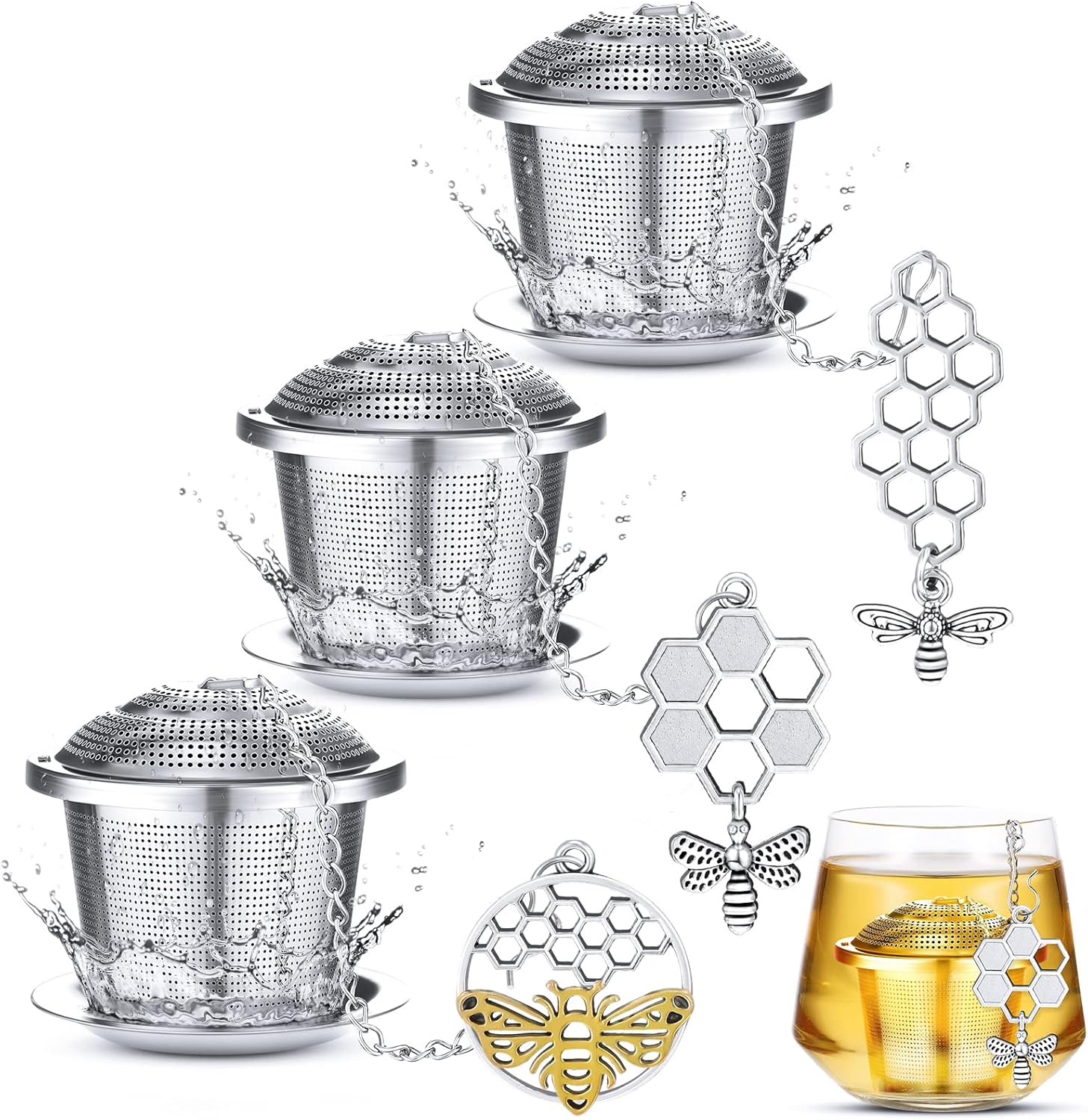 3 Sets Tea Infusers Steeper for Loose Leaf Tea Holder Stainless Steel Tea Ball Mesh Strainer Filters with Drip Trays and Pendant(Insects Style) - Image 14