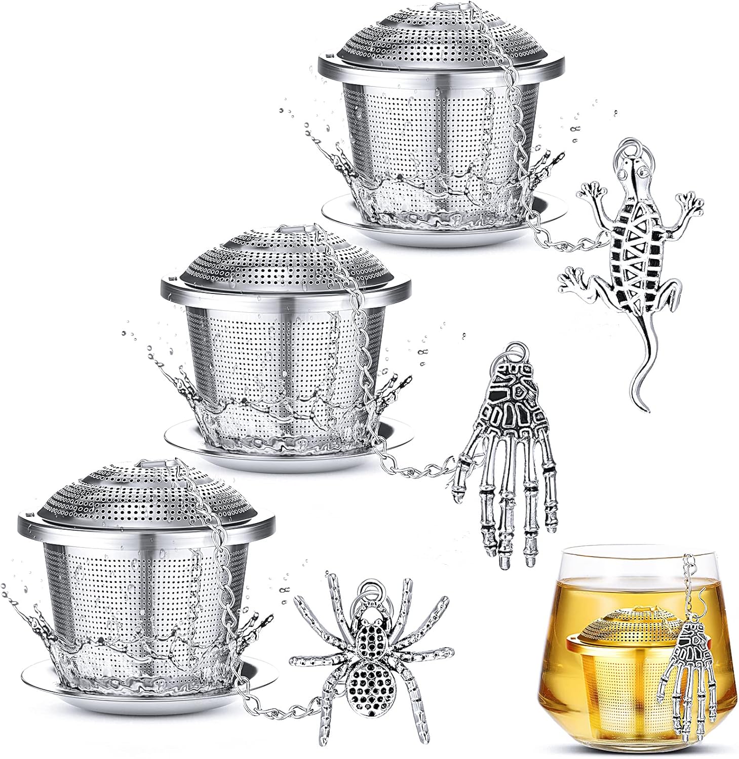 3 Sets Tea Infusers Steeper for Loose Leaf Tea Holder Stainless Steel Tea Ball Mesh Strainer Filters with Drip Trays and Pendant(Insects Style) - Image 10