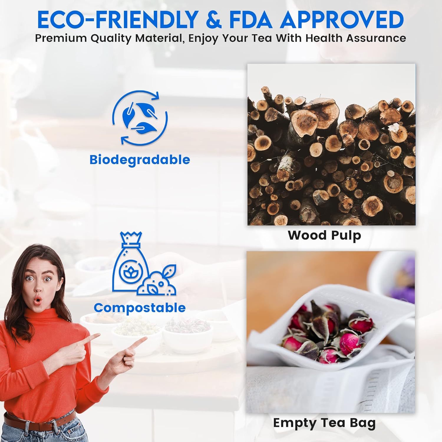 200 Empty Tea Bags 2.5” x 2.75” White Compostable, These Heat Sealable Tea Infuser for Loose Tea Herbs are Disposable Tea Strainer Bags made of Wood (pulp) Fibers - Image 4