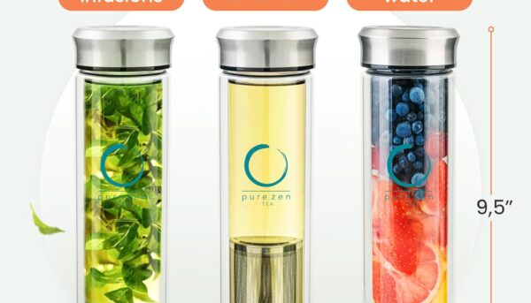 Alternative view of Pure Zen Tea Tumbler with Infuser - Double Wall Glass Travel Mug with Stainless Steel Filter - Leakproof Tea Infuser Bottle for Loose Leaf Infusions and Fruit Infused Water - Unique Gift Set - 13 oz