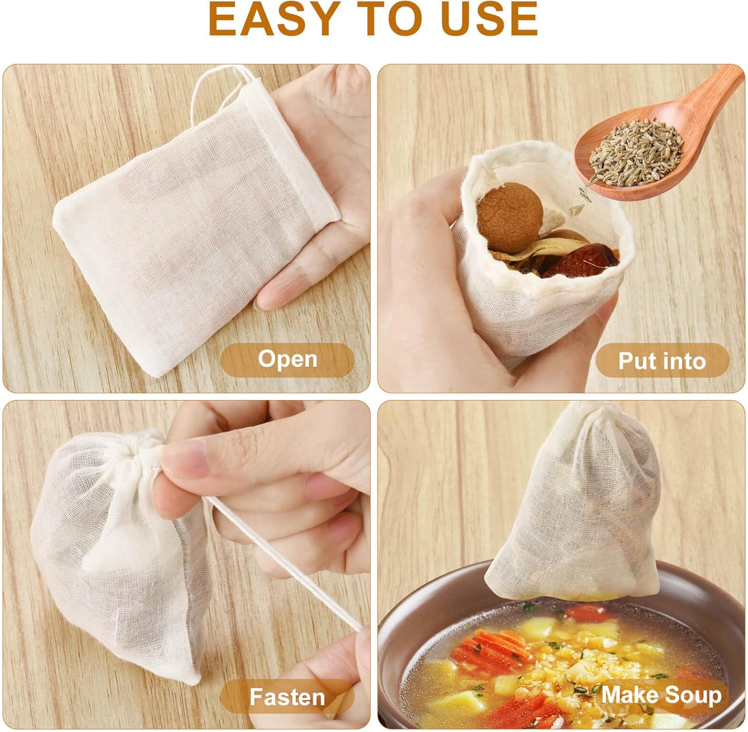 36PCS Drawstring Muslin Bags, 3x4In Reusable Empty Tea Bag for Loose Tea, Natural Cotton Unbleached Cheese Cloth Bag, Spice Bags for Filtering Cooking Soups/Herbs/Herbal Tea/Cold-Brewed Coffee - Image 5