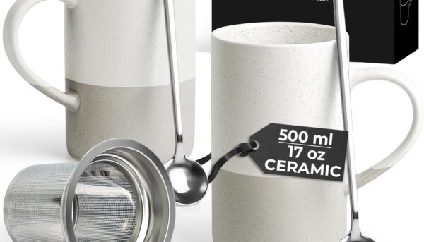 MIAMIO - Tea Cup Set 2 x 500 ml with Infuser and Lid/Ceramic Tea Mug with Infuser and Spoon for Steeping Loose Leaf Tea, Gifts for Tea Lovers - Microwave & Dishwasher Safe (Grey)