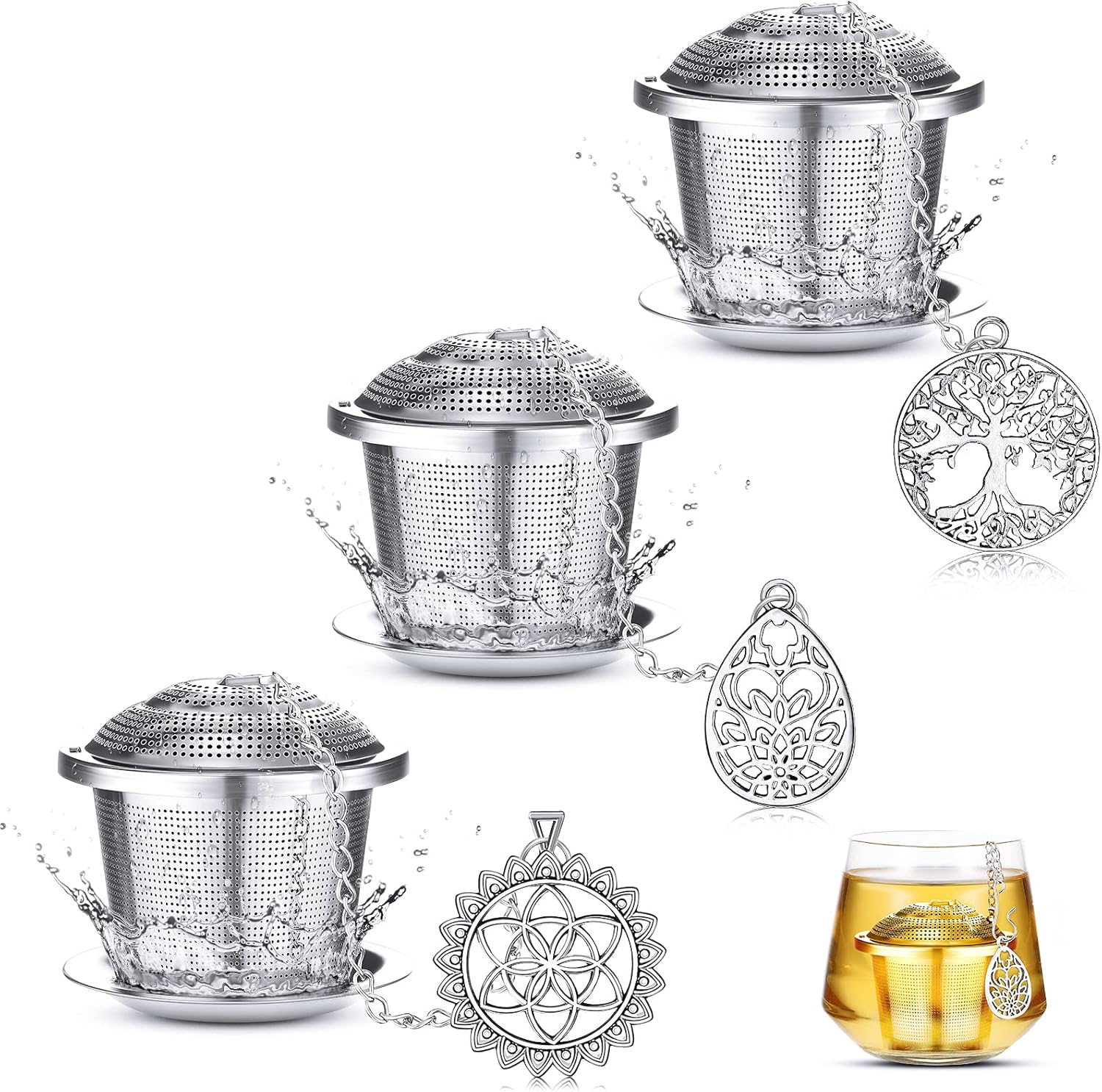 3 Sets Tea Infusers Steeper for Loose Leaf Tea Holder Stainless Steel Tea Ball Mesh Strainer Filters with Drip Trays and Pendant(Insects Style) - Image 15