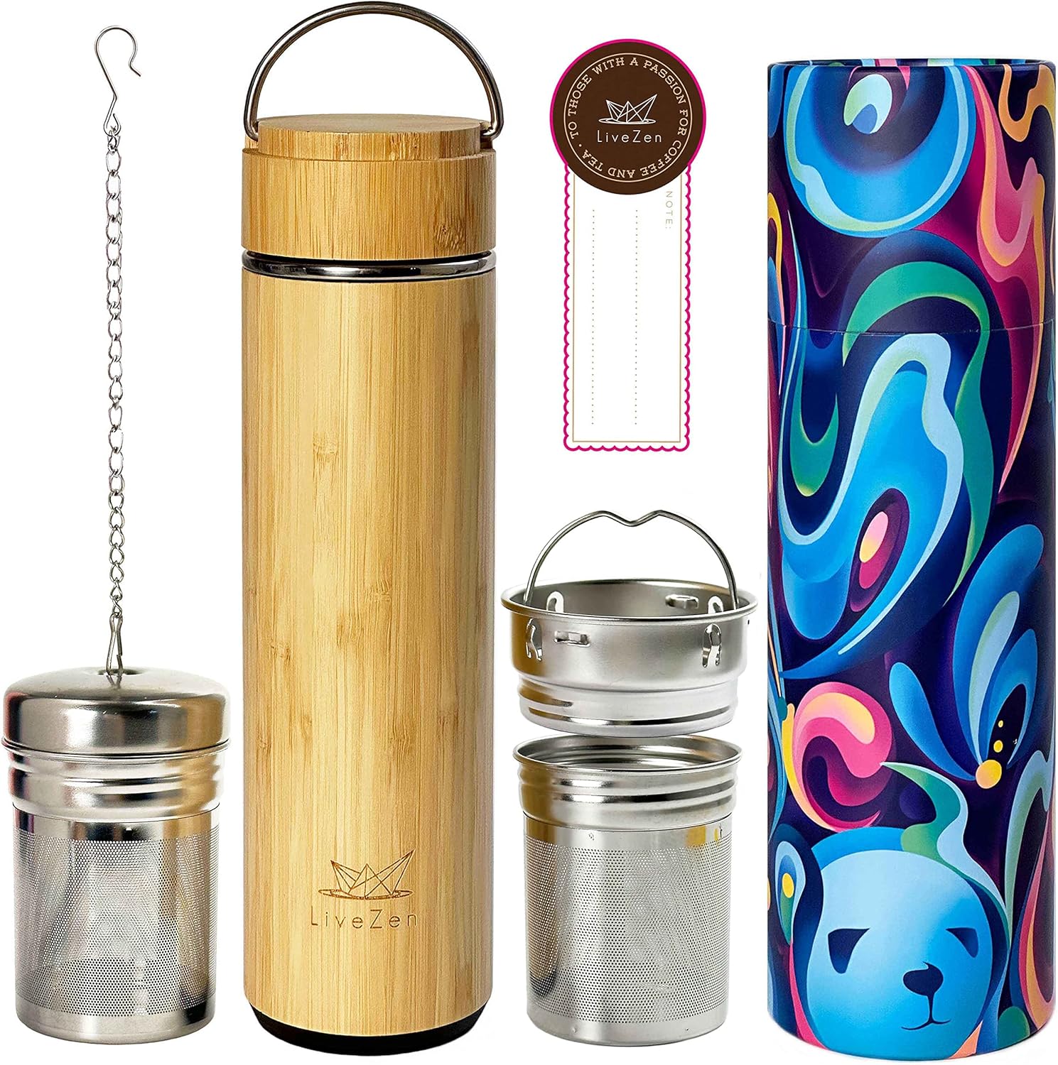 LiveZen 18oz Bamboo Tea Tumbler with Lid and 2 Pack Tea Filters for Loose Leaf Tea u2013 Stainless Steel Insulated Tea Infuser Bottle with Strainer u2013 Tea Gift Set for Tea Lovers Men Women