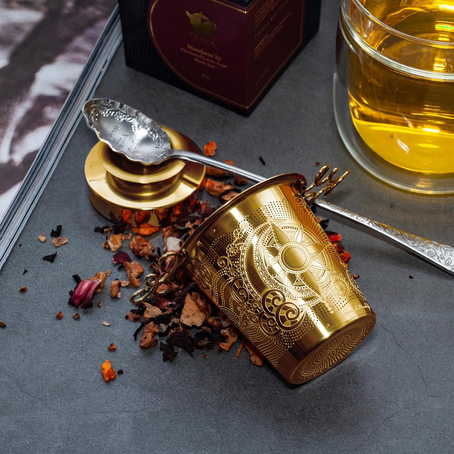 Luxury Tea Strainer Basket Gift Set - Gold Plated Infuser with Engraved Floral Motifs, Crystal Accent Chain for Loose Leaf Tea, Fine Mesh Filter & Ergonomic Handle - Image 2