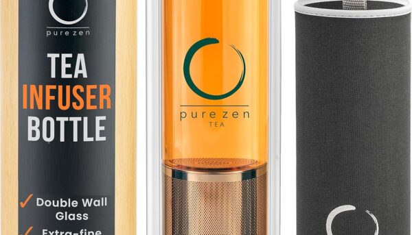 Pure Zen Tea Tumbler with Infuser - Double Wall Glass Travel Mug with Stainless Steel Filter - Leakproof Tea Infuser Bottle for Loose Leaf Infusions and Fruit Infused Water - Unique Gift Set - 13 oz