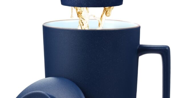 15 OZ Porcelain Tea Infuser Cup with Lid,Ceramic Tea Mug with All-Porcelain Strainer for Loose Leaf Teas,Microwave and Dishwasher Safe Tea Mug,Metal-Free,BPA-Free for Tea Lovers/Valentine's Day (Blue)