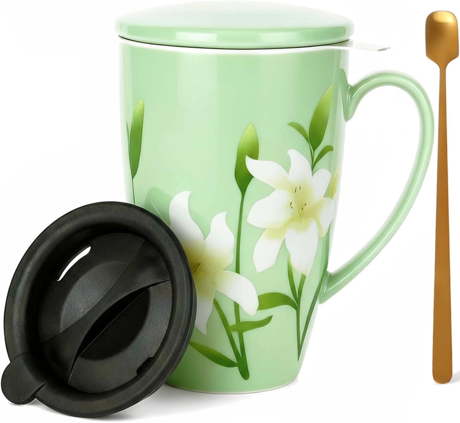 SISETOP 17 OZ Large Tea Infuser Mug with Spoon, Ceramic Loose Leaf Tea Cup with Infuser and Lid for Home, Office, Housewarming, Christmas Gift, Grass Green
