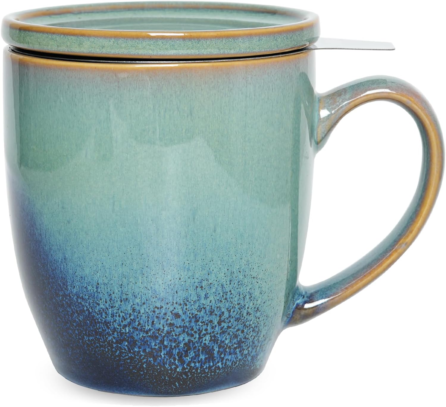 Bosmarlin Ceramic Tea Cup with Infuser and Lid, 16 Oz, Loose Leaf Tea Steeper Mug with Strainer, Microwave and Dishwasher Safe, Reactive Glaze (16 Oz, Pale Green)