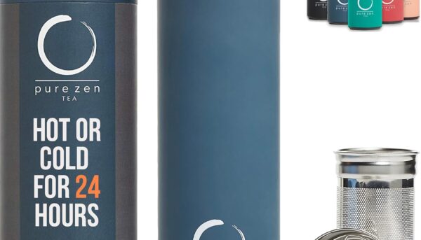 Pure Zen Tea Thermos with Infuser for Hot and Cold Infusions - Stainless Steel - Tea Infuser Bottle - Leakproof Travel Mug with Filter - 15oz - Blue