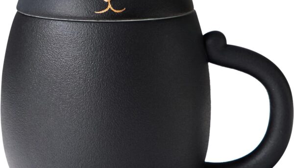HEER Black Cat Tea Cup with Infuser and Lid, Cute Tea Mug with Strainer for Steeping Loose Leaf, Ceramic Teacup Birthday Christmas Cat Lover Gifts for Women, Men, Mom, Sisters, besties. (Black)