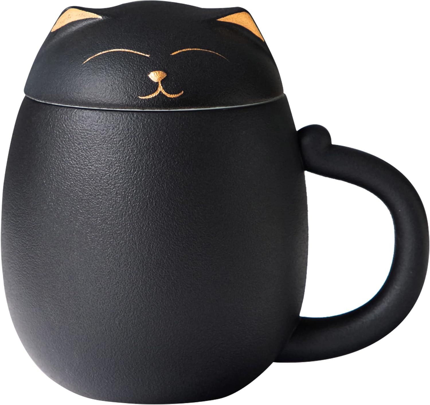 HEER Black Cat Tea Cup with Infuser and Lid, Cute Tea Mug with Strainer for Steeping Loose Leaf, Ceramic Teacup Birthday Christmas Cat Lover Gifts for Women, Men, Mom, Sisters, besties. (Black)
