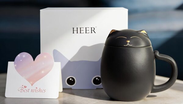 Alternative view of HEER Black Cat Tea Cup with Infuser and Lid, Cute Tea Mug with Strainer for Steeping Loose Leaf, Ceramic Teacup Birthday Christmas Cat Lover Gifts for Women, Men, Mom, Sisters, besties. (Black)