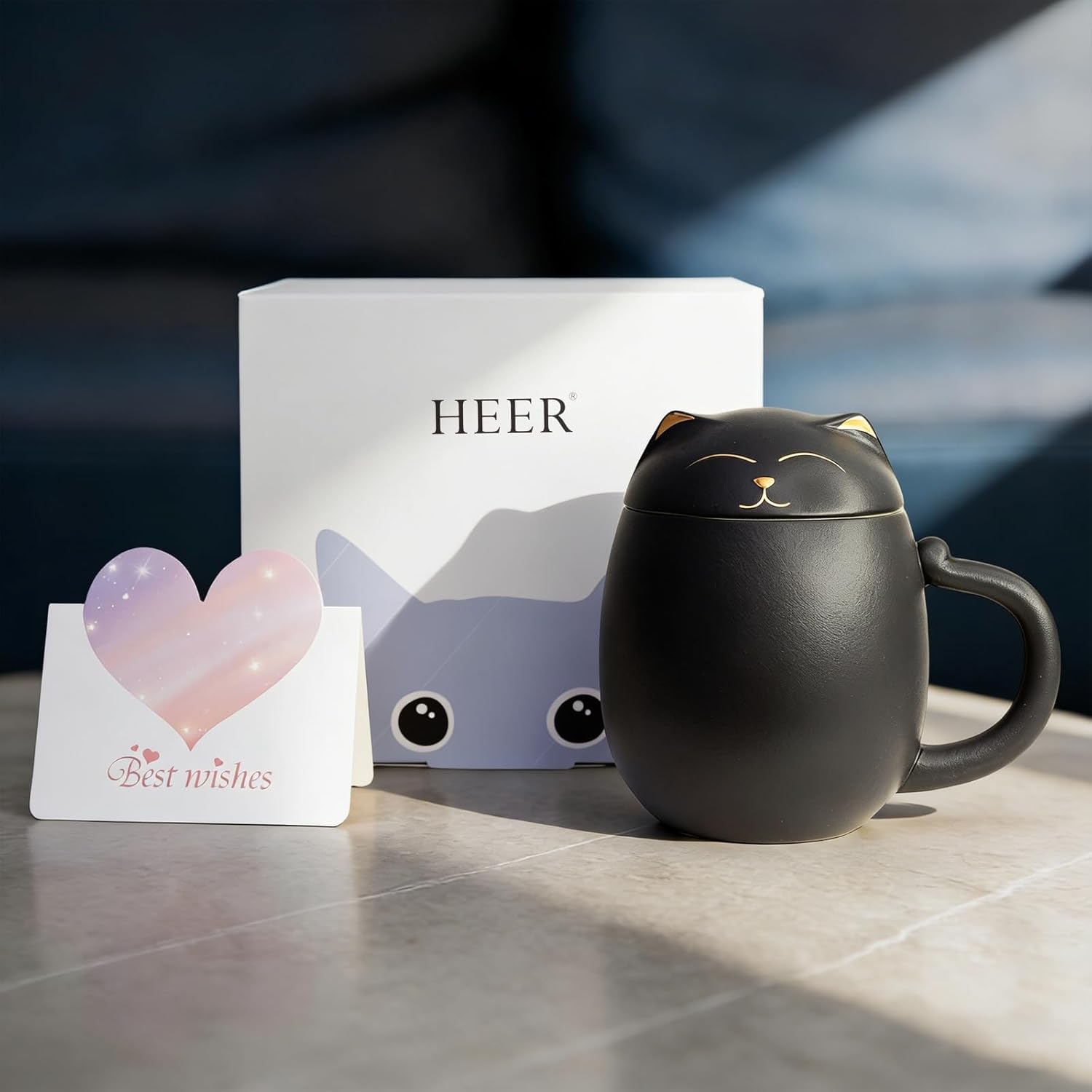 HEER Black Cat Tea Cup with Infuser and Lid, Cute Tea Mug with Strainer for Steeping Loose Leaf, Ceramic Teacup Birthday Christmas Cat Lover Gifts for Women, Men, Mom, Sisters, besties. (Black) - Image 2