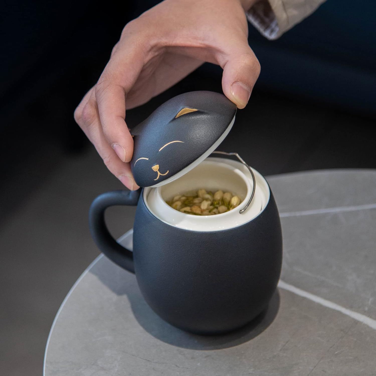 HEER Black Cat Tea Cup with Infuser and Lid, Cute Tea Mug with Strainer for Steeping Loose Leaf, Ceramic Teacup Birthday Christmas Cat Lover Gifts for Women, Men, Mom, Sisters, besties. (Black) - Image 4