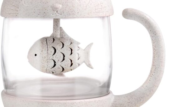 BigNoseDeer Cat Tea Cup Cute Mug Glass Pot with Fish Infuser for Loose Leaf Tea (White 8oz)
