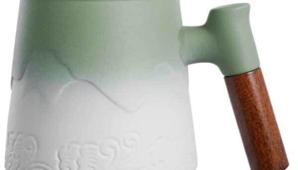 ZENS Tea Cup with Infuser and Lid for Loose Leaf Tea Steeper, 15.2 oz Ceramic Tea Mug with Fine Strainers and Absorb Coaster and Wood for Tea Lovers Gifts