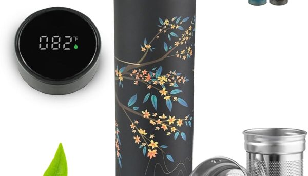Farasi Tea Infuser for Loose Leaf Tea Smart Water Bottle with Fahrenheit Temperature Display, Stainless Steel, Insulated Coffee and Fruit Tea Infuser Bottle - Black Floral Tea Mug 15 oz