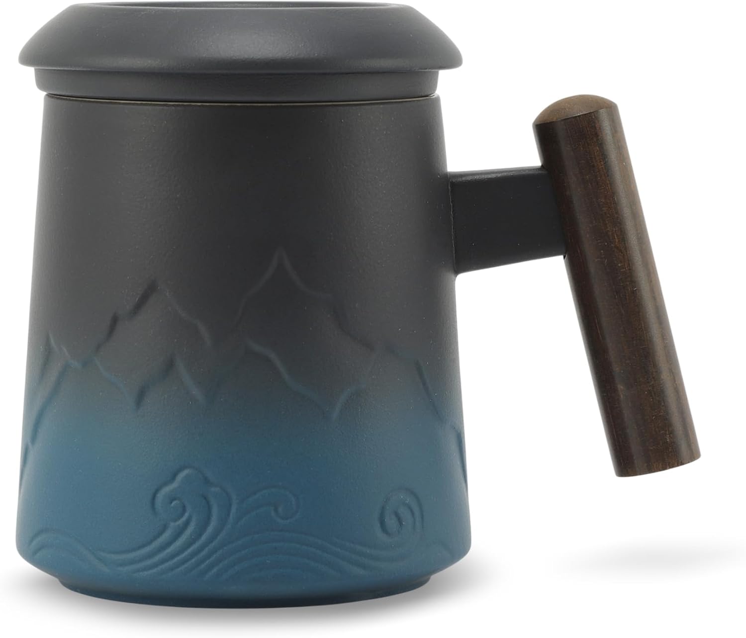 RENEWREVITAL Tea Cup with Infuser, 13.5oz Ceramic Tea Infuser Mug with Wood Handle and Cup Lid, Tea Strainer Cup for Loose Leaf Steeping, Blue&Black