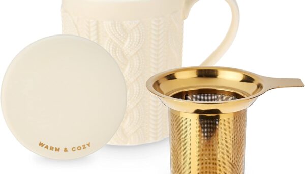 Pinky Up Annette Loose Leaf Tea Cup, Ceramic Travel Mug with Infuser and Lid, for Work, Office, Picnic, Camping, Outdoor Party, Spa Day, 12 oz, Set of 1, Knit Design