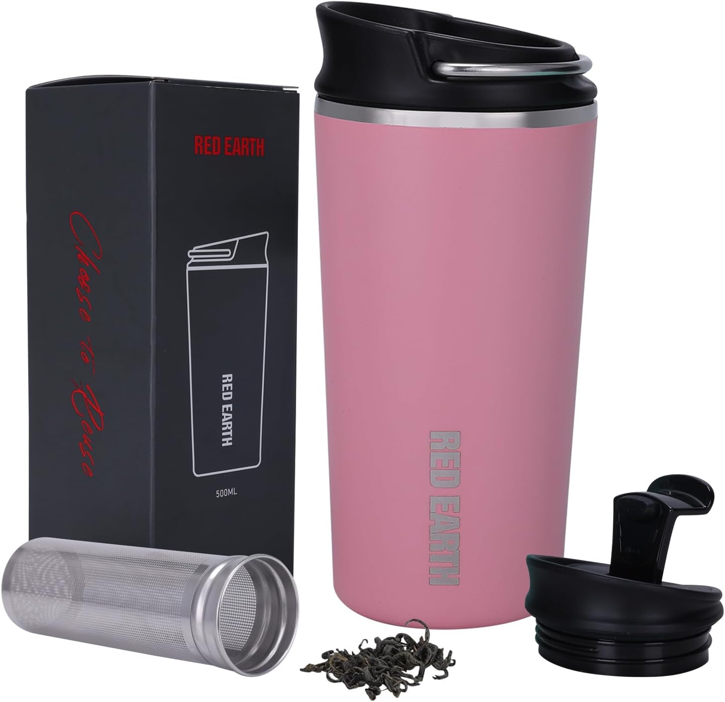GiNT 17oz Travel Tea Mug with Infuser and Two Lid. Vacuum Insulated 316 Stainless Steel Travel Coffee Mug. Dishwasher Safe Tea Cup with Tea Strainer for Hot and Cold Brew Coffee or Tea(Pink)