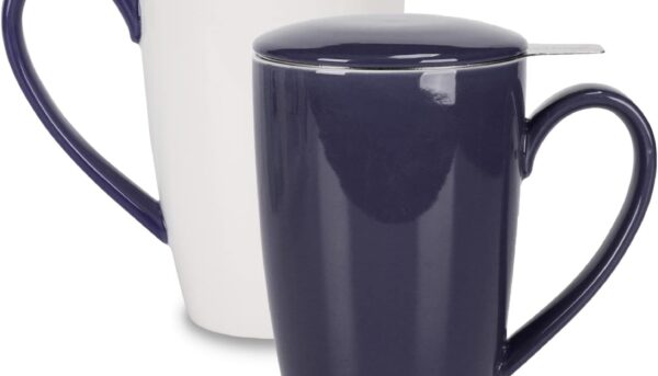 amhomel Porcelain Tea Mug with Infuser and Lid, 16 Ounce Ceramic Tea Cup for Loose Leaf, Coffee, Cocoa and Milk, Tea Gift for Tea Lovers, Set of 2(Navy Blue and White)
