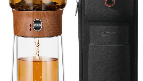 ZENS Modern Glass Infuser Teapot, One Touch Tea Maker for Loose Leaf Tea with Insulated Mug and Portable Case. Enchanted Pot Alternatives for Tea Lover Gifts