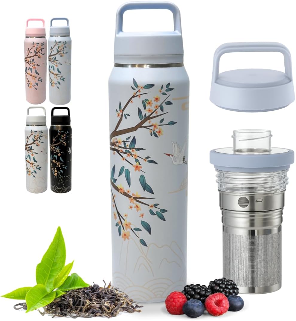 Farasi Tea Infuser Bottle for Loose Leaf Tea Insulated Stainless Steel Water Bottle Tumbler - Portable Coffee, Fruit, Loose Leaf Infuser Mug- Leakproof Blue Floral 24 oz