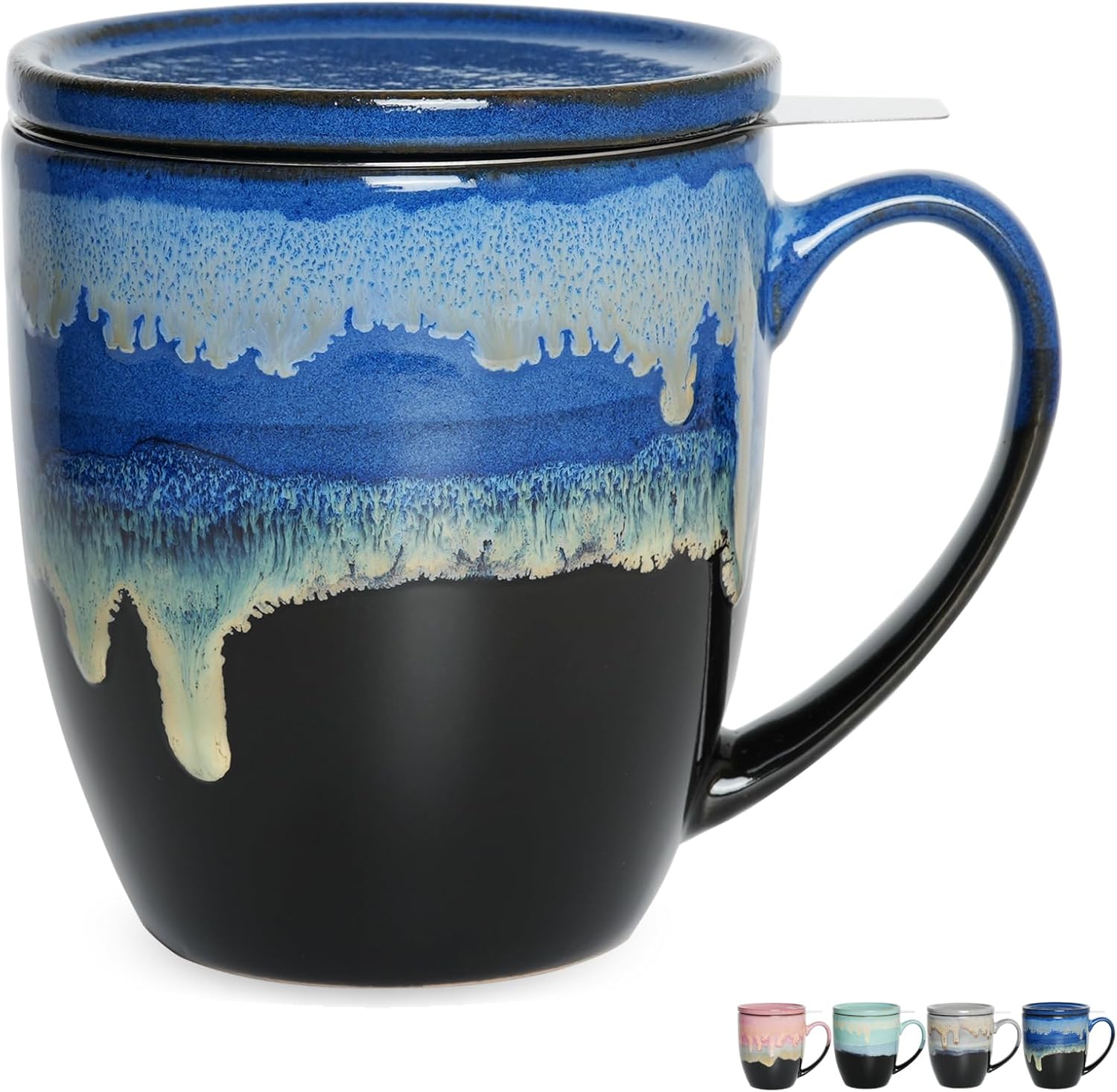 Bosmarlin Ceramic Tea Cup with Infuser and Lid, 16 Oz, 4 Color to Choose Dishwasher and Microwave Safe, Steeping Tea Mug with Strainer (Blue)