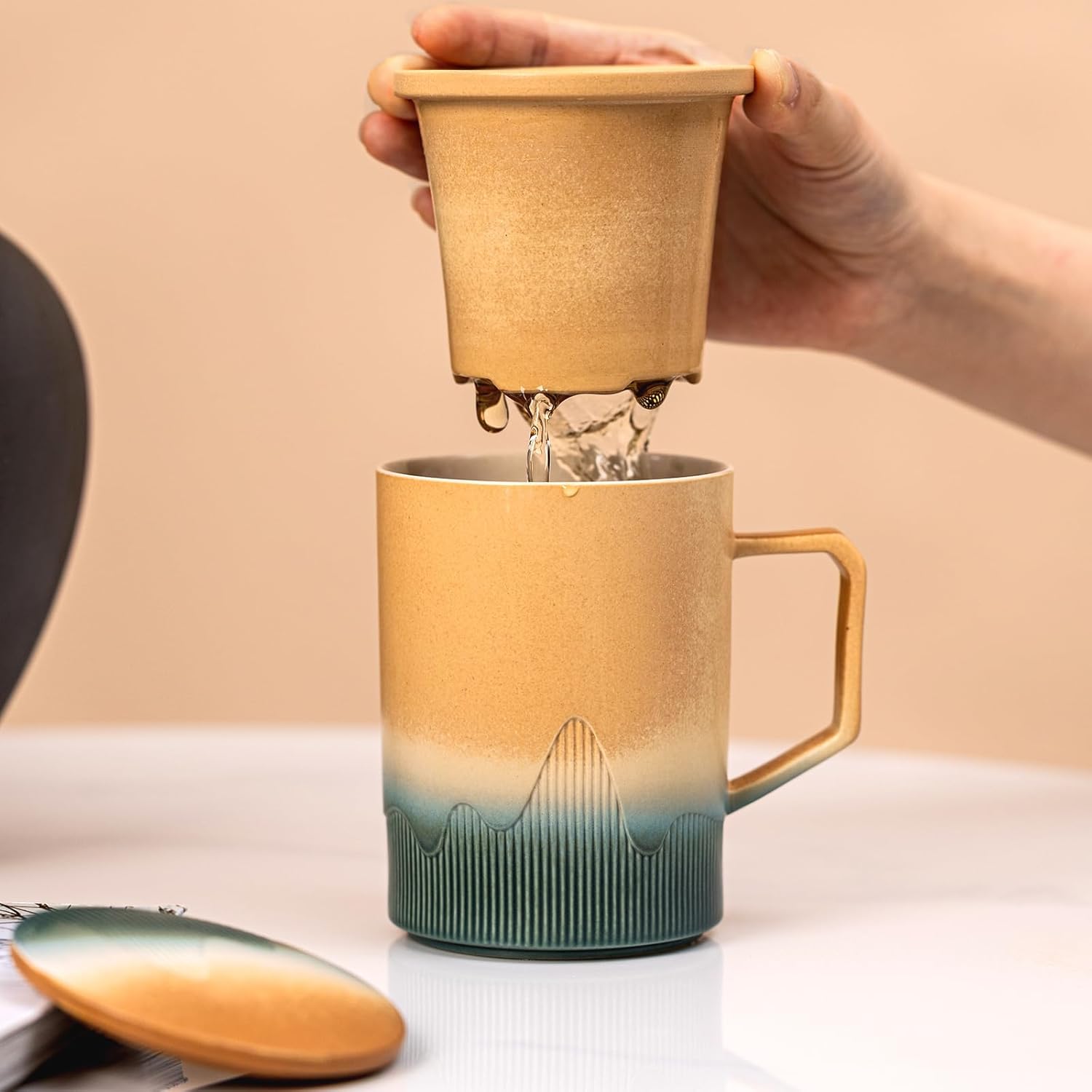 Ceramic Tea Mug with Infuser & Lid, 15oz Kiln-Transformed Unique Cup u2013 Nature's Artisan Design, Loose Leaf Tea Cup with Infuser, Insulated Ceramic Coffee Mugs with Lid, Gift for Women/Men