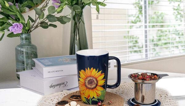 Alternative view of Sunddo Ceramic Tea Mug with Infuser and Lid,15 OZ Loose Leaf Tea Cup, Sunflower Coffee Mug Tea Gifts for Tea Lovers,Blue