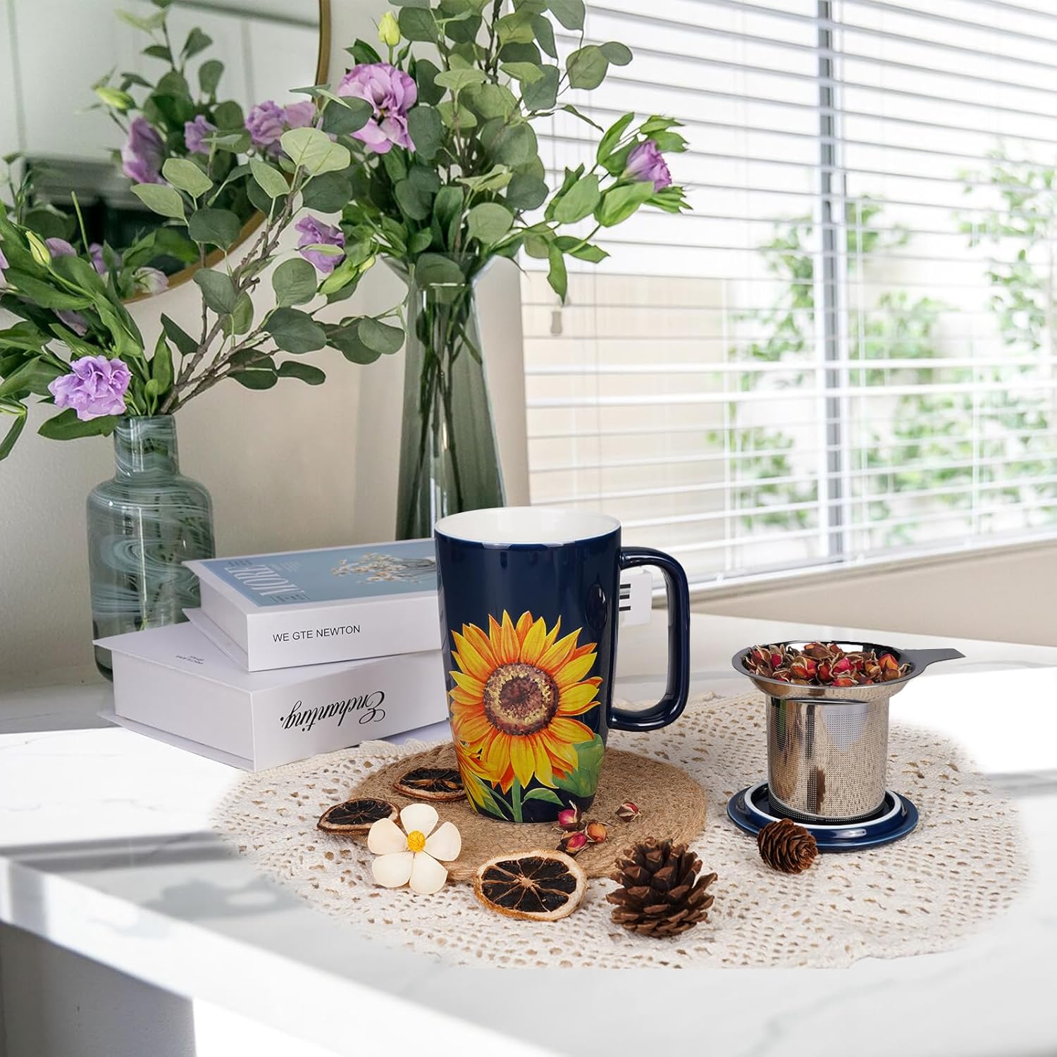 Sunddo Ceramic Tea Mug with Infuser and Lid,15 OZ Loose Leaf Tea Cup, Sunflower Coffee Mug Tea Gifts for Tea Lovers,Blue - Image 2