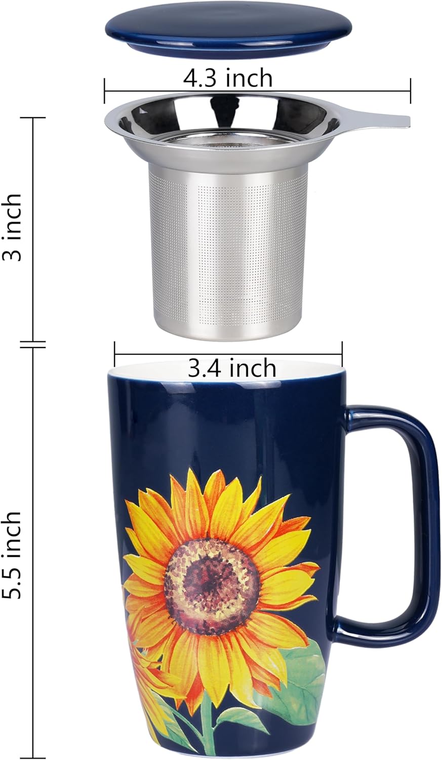 Sunddo Ceramic Tea Mug with Infuser and Lid,15 OZ Loose Leaf Tea Cup, Sunflower Coffee Mug Tea Gifts for Tea Lovers,Blue - Image 3