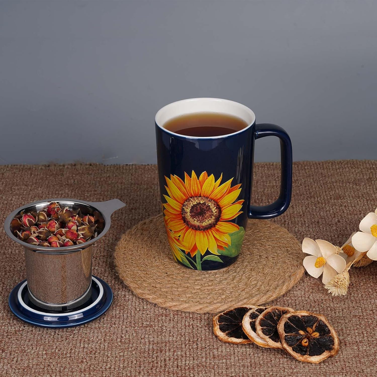 Sunddo Ceramic Tea Mug with Infuser and Lid,15 OZ Loose Leaf Tea Cup, Sunflower Coffee Mug Tea Gifts for Tea Lovers,Blue - Image 5