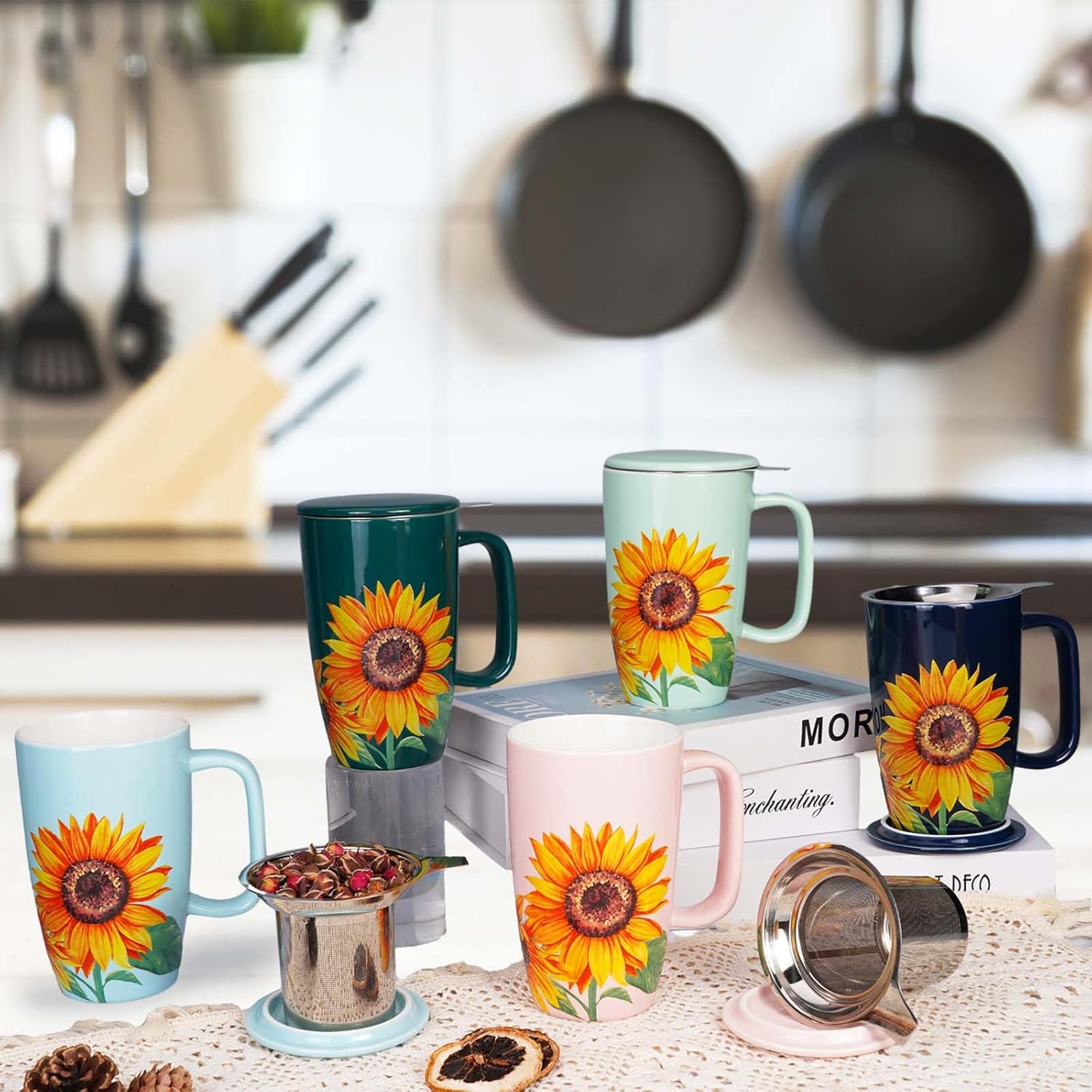 Sunddo Ceramic Tea Mug with Infuser and Lid,15 OZ Loose Leaf Tea Cup, Sunflower Coffee Mug Tea Gifts for Tea Lovers,Blue - Image 7