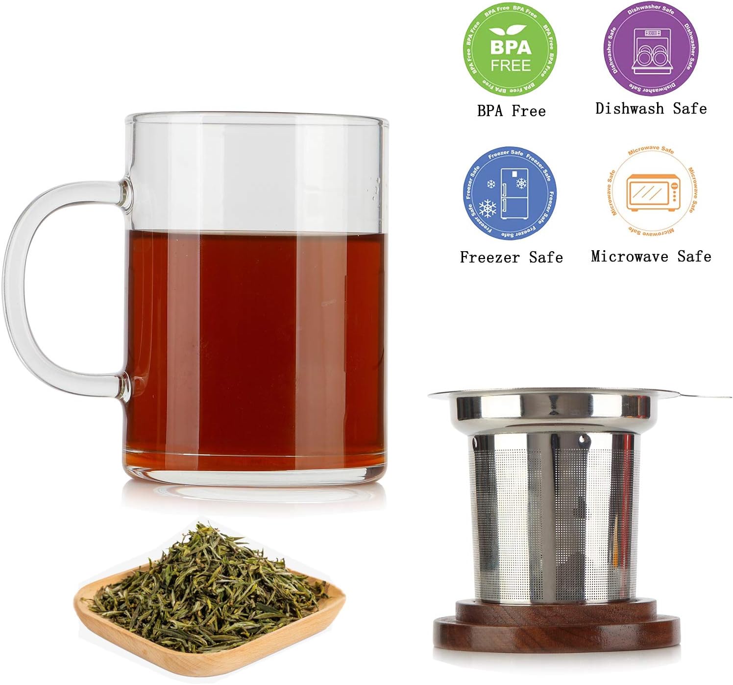 COMI Tea Cup with Infuser Walnut Lid&Handle, Glass Tea Cups with Wide Mouth Extra Large Capacity, Stainless Steel Tea Infuser Mug for Loose Leaf Tea Steeping(14oz/400ml) - Image 3