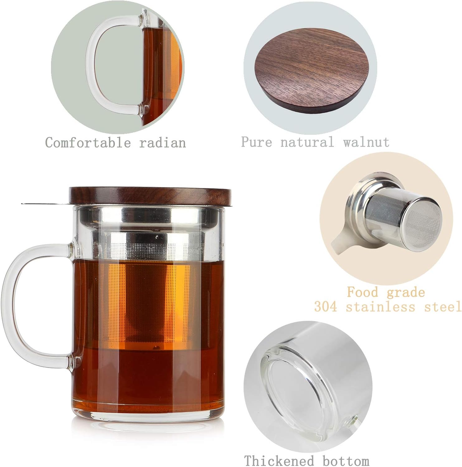 COMI Tea Cup with Infuser Walnut Lid&Handle, Glass Tea Cups with Wide Mouth Extra Large Capacity, Stainless Steel Tea Infuser Mug for Loose Leaf Tea Steeping(14oz/400ml) - Image 4