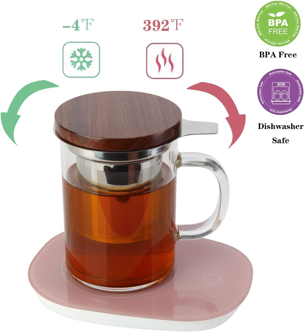 COMI Tea Cup with Infuser Walnut Lid&Handle, Glass Tea Cups with Wide Mouth Extra Large Capacity, Stainless Steel Tea Infuser Mug for Loose Leaf Tea Steeping(14oz/400ml) - Image 5