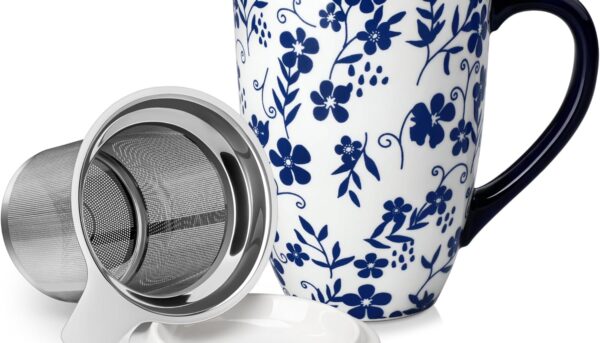vancasso SELENE Porcelain Tea Mug, 18 oz Porcelain Tea Cup with Infuser and Lid Steeps Loose Leaf Tea, Microwave & Dishwasher Safe, Five-Leaf Clover