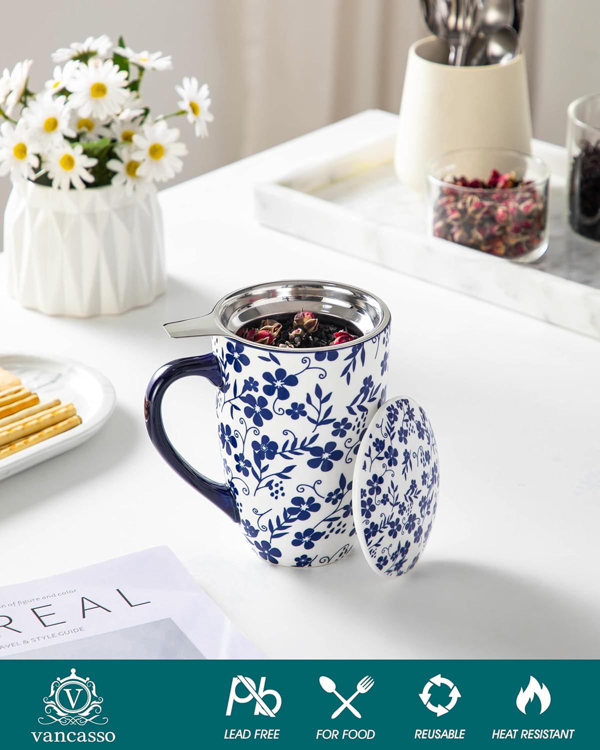 vancasso SELENE Porcelain Tea Mug, 18 oz Porcelain Tea Cup with Infuser and Lid Steeps Loose Leaf Tea, Microwave & Dishwasher Safe, Five-Leaf Clover - Image 5