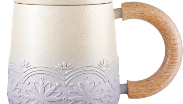 ZENS Tea Mug with Infuser and Lid for Loose Leaf Tea Steeper, 11 oz Embossed Ceramic Tea Cup with Strainers for Steeper, Wood Handle Gradient Tea Cup for Daughter, Collector's Mug Gifts