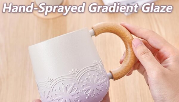 Alternative view of ZENS Tea Mug with Infuser and Lid for Loose Leaf Tea Steeper, 11 oz Embossed Ceramic Tea Cup with Strainers for Steeper, Wood Handle Gradient Tea Cup for Daughter, Collector's Mug Gifts