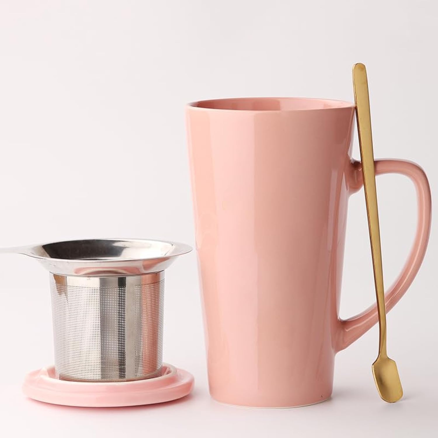 MIWARE 15 Ounce Porcelain Tea Mug with Infuser, Lid and Spoon, Loose Leaf Tea Cup (Pink)