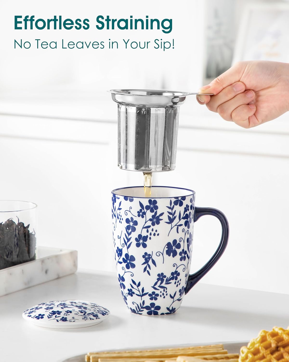 vancasso SELENE Porcelain Tea Mug, 18 oz Porcelain Tea Cup with Infuser and Lid Steeps Loose Leaf Tea, Microwave & Dishwasher Safe, Five-Leaf Clover - Image 7