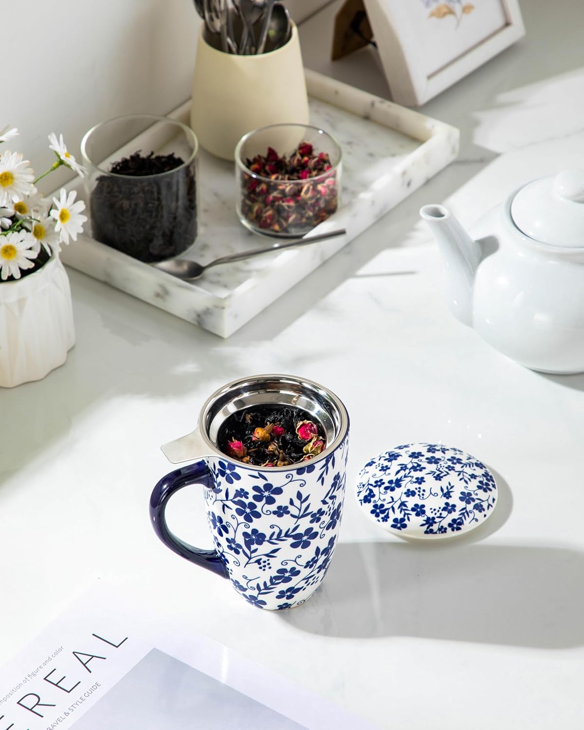vancasso SELENE Porcelain Tea Mug, 18 oz Porcelain Tea Cup with Infuser and Lid Steeps Loose Leaf Tea, Microwave & Dishwasher Safe, Five-Leaf Clover - Image 8