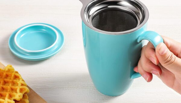 Ceramics Tea Cup with Loose Leaf Infuser and Lid, 16 oz, Microwave and Dishwasher Safe Coffee Mug, Modern Herbal Tea Strainer, Gifts for Tea Lover, WMint Green