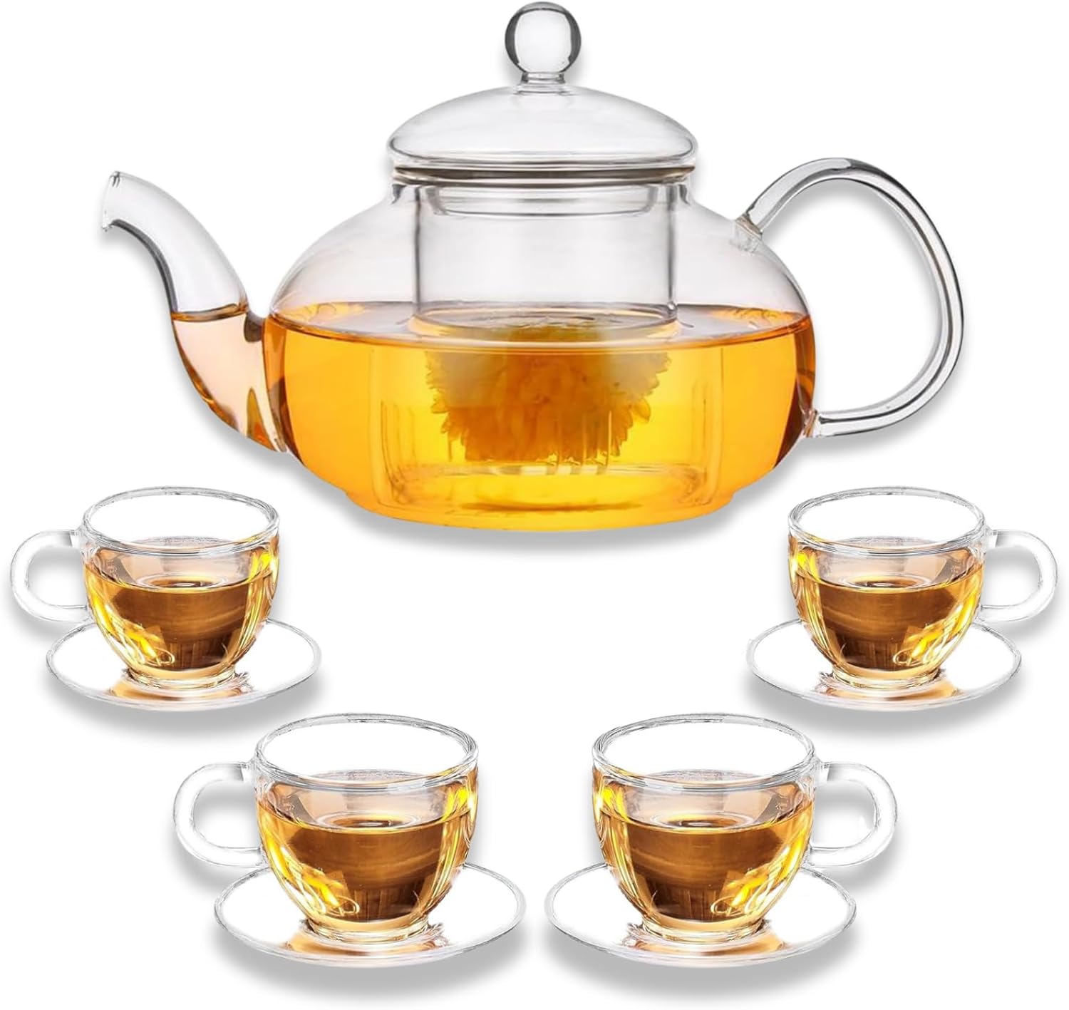 Glass Teapot Set with Removable Infuser, Atarvana 600ml Glass Tea Kettle with Loose Tea Infuser, 100ml Tea Cup & Saucer Set of 4, Elegant Blooming Tea Gift Set